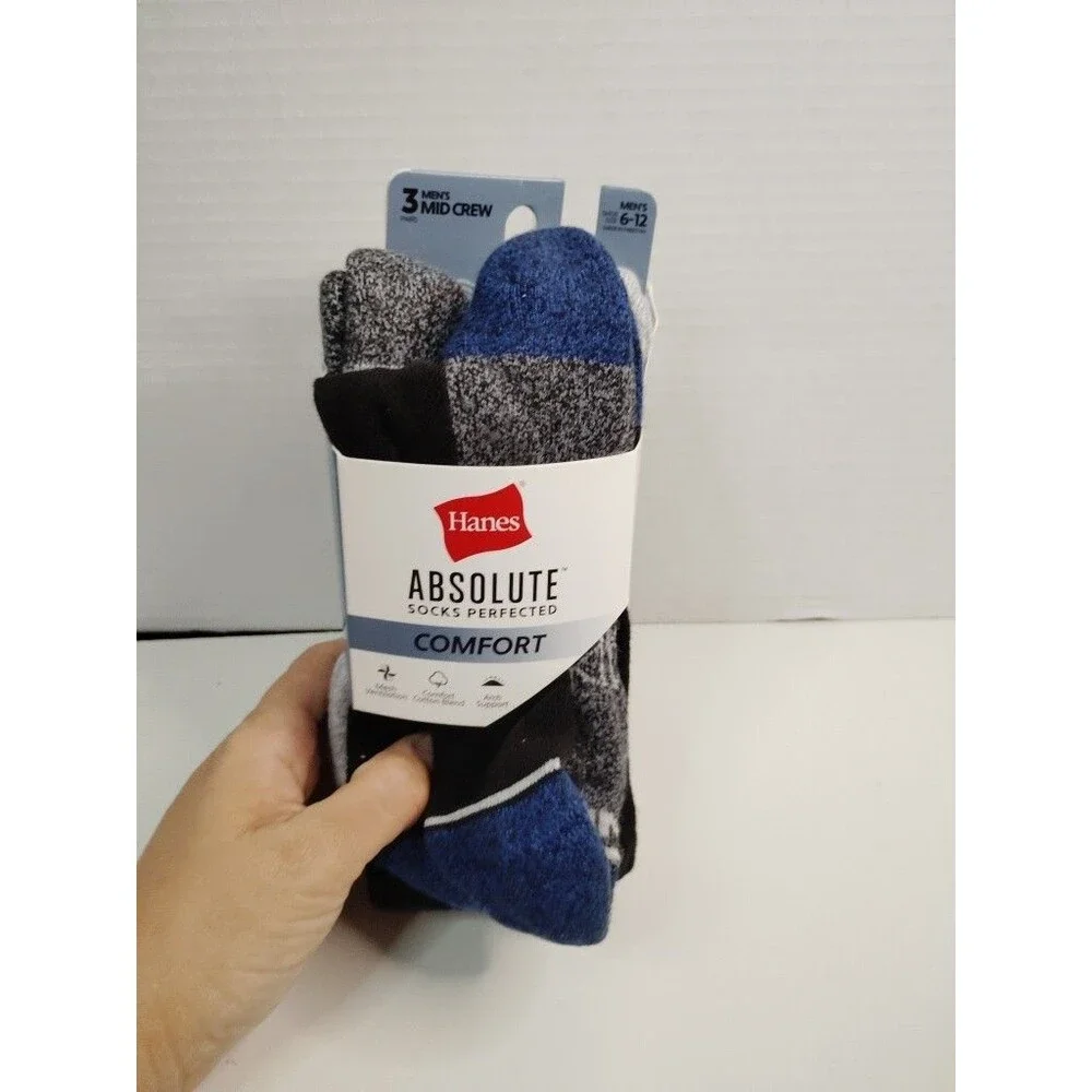Hanes Absolute Comfort Mid Crew Socks Cushioned Arch Support 3pr 6-12 B/G/B
